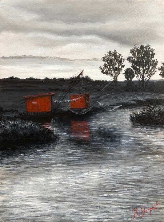 Tableau, les cabanes à carrelets, peinture acrylique Artbeige by Bénédicte Eigelthinger Brigeot, Artiste peintre à Noirmoutier en Vendée