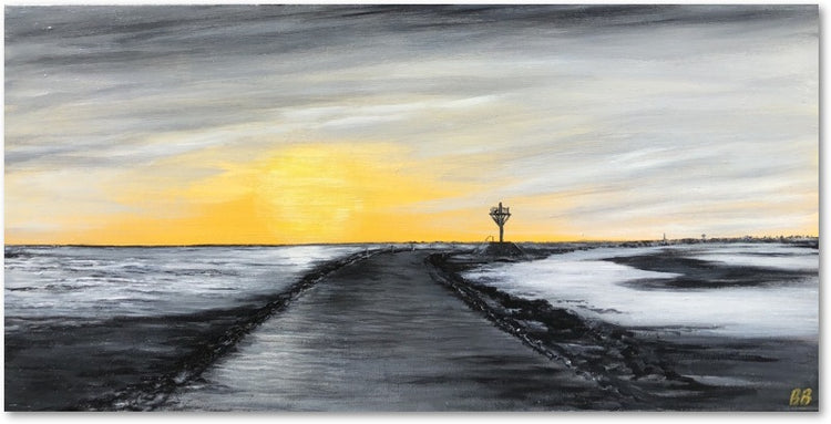 Impression sur papier d'art du tableau "Le soleil se lève sur le gois" de Bénédicte Brigeot artiste peintre à Noirmoutier