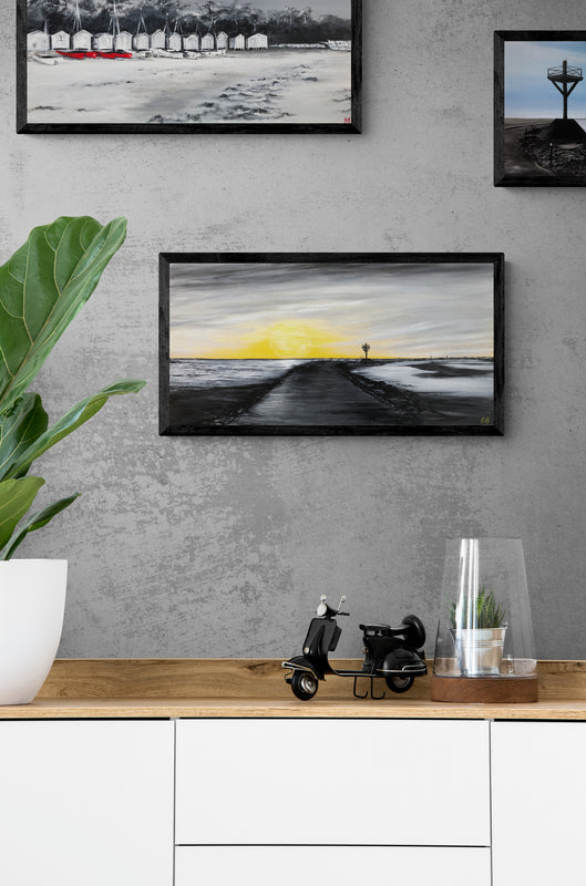 Impression sur papier d'art du tableau "Le soleil se lève sur le gois" de Bénédicte Brigeot artiste peintre à Noirmoutier