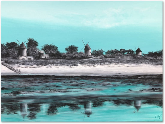 Impression sur papier d'art du tableau "Les moulins de mon coeur" de Bénédicte Brigeot artiste peintre à Noirmoutier
