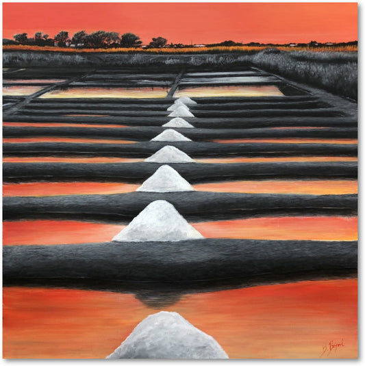 Impression sur papier d'art du tableau "Soleil couchant sur le marais" de Bénédicte Brigeot artiste peintre à Noirmoutier